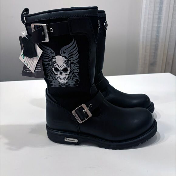 Xelement Women's Black Tribal Skull Leather Motorcycle Riding Boots Size 8 - Picture 2 of 14
